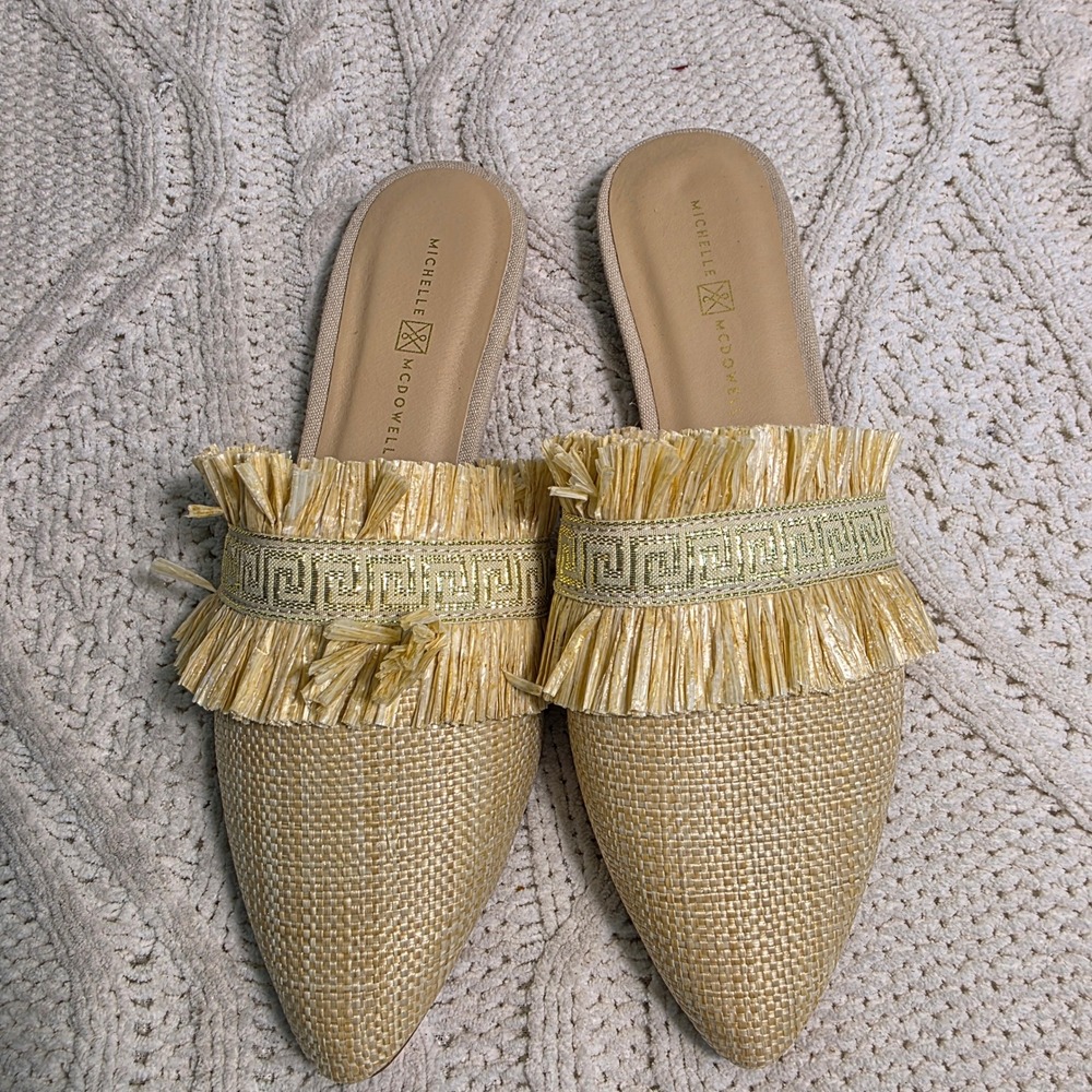 Michelle McDowell Raffia Fringe Pointed Toe Mules Beige Gold Women 7 NEW